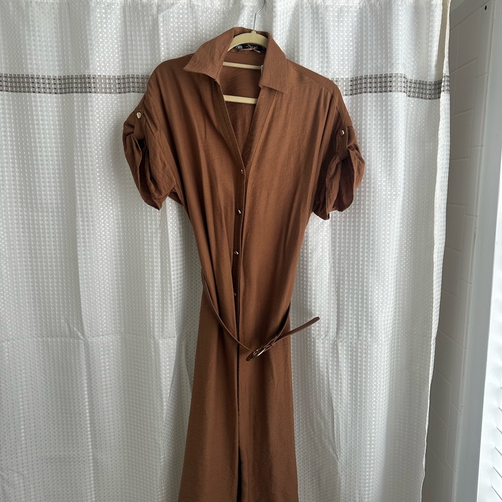 Zara Brown Button-Front Midi Shirt Dress with Waist Tie